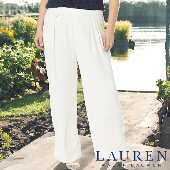 Lauren Ralph Lauren Georgette Double Pleat Wide Leg Trousers Winter Cream 14W - Picture 1 of 6